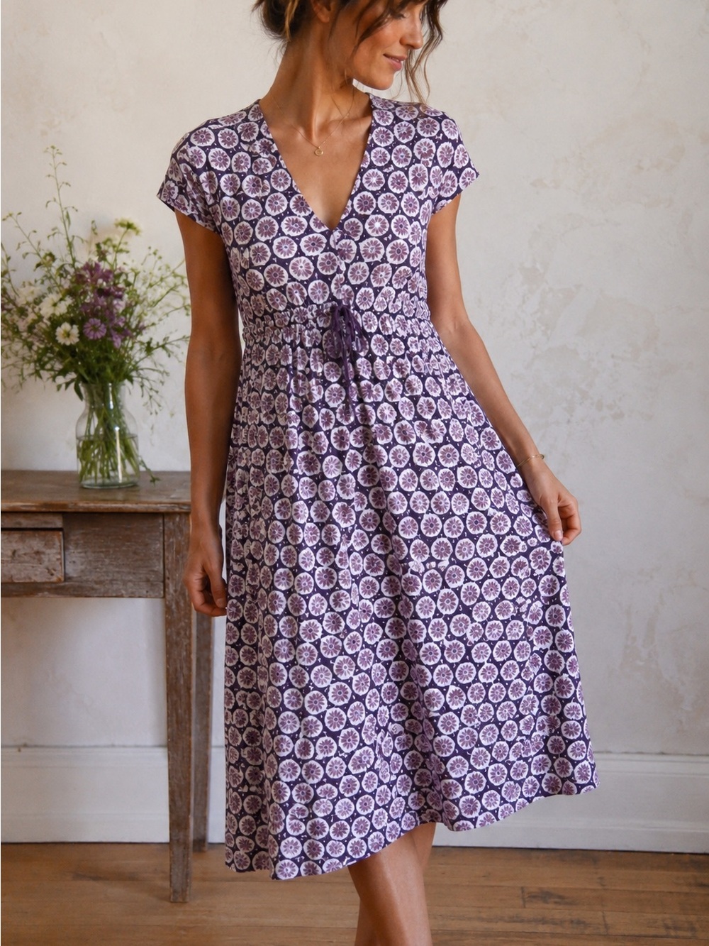 Boden Purple Floral Empire Waist Midi Dress, Made in Portugal
